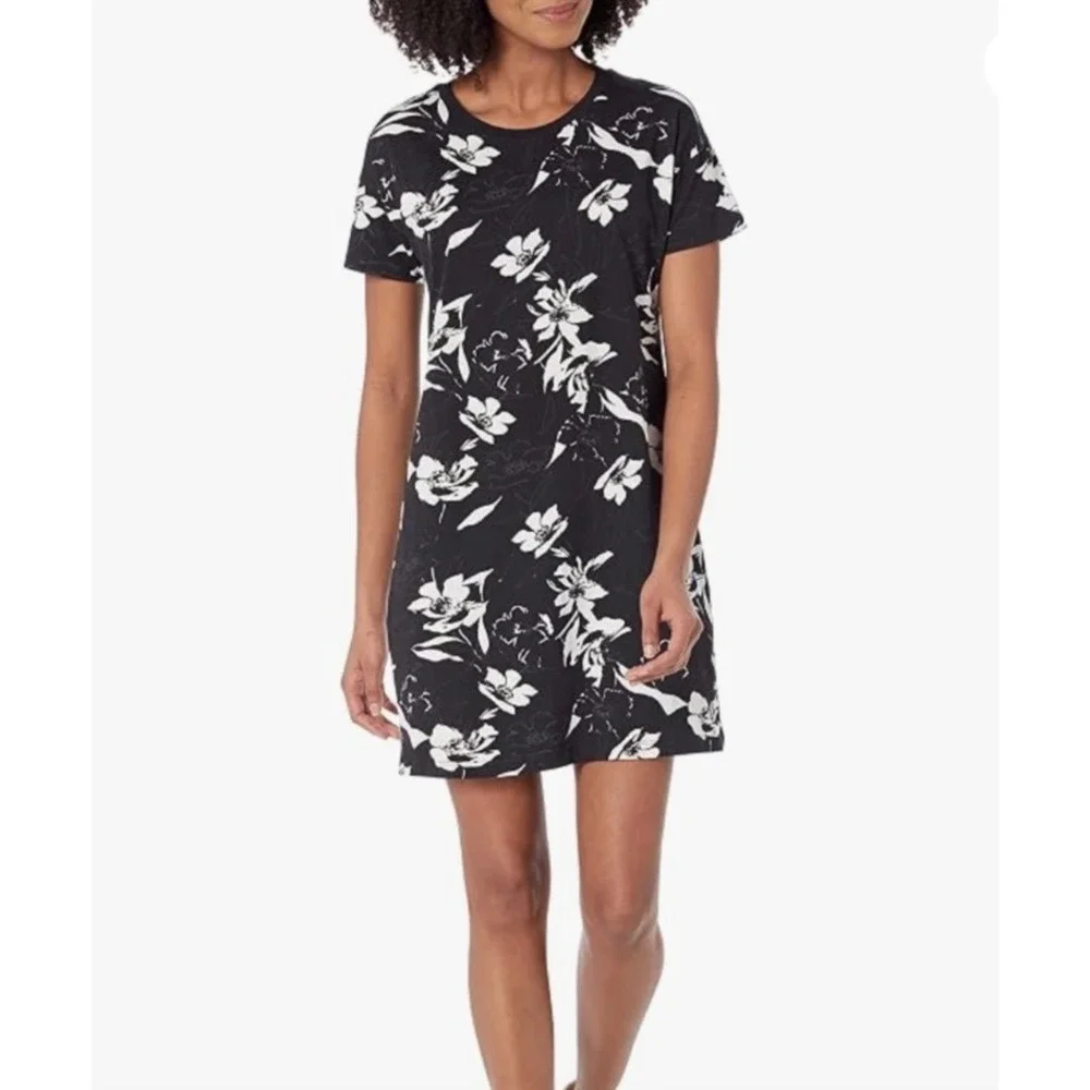 Columbia Black White Floral Cotton T-Shirt Mini Dress Sz L Tropical Travel NWOT